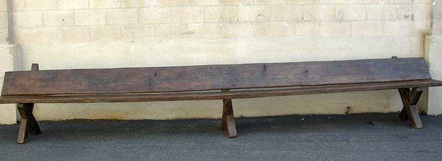 Early 19th c. cipres wood, long plank bench, all original. Beautiful patina