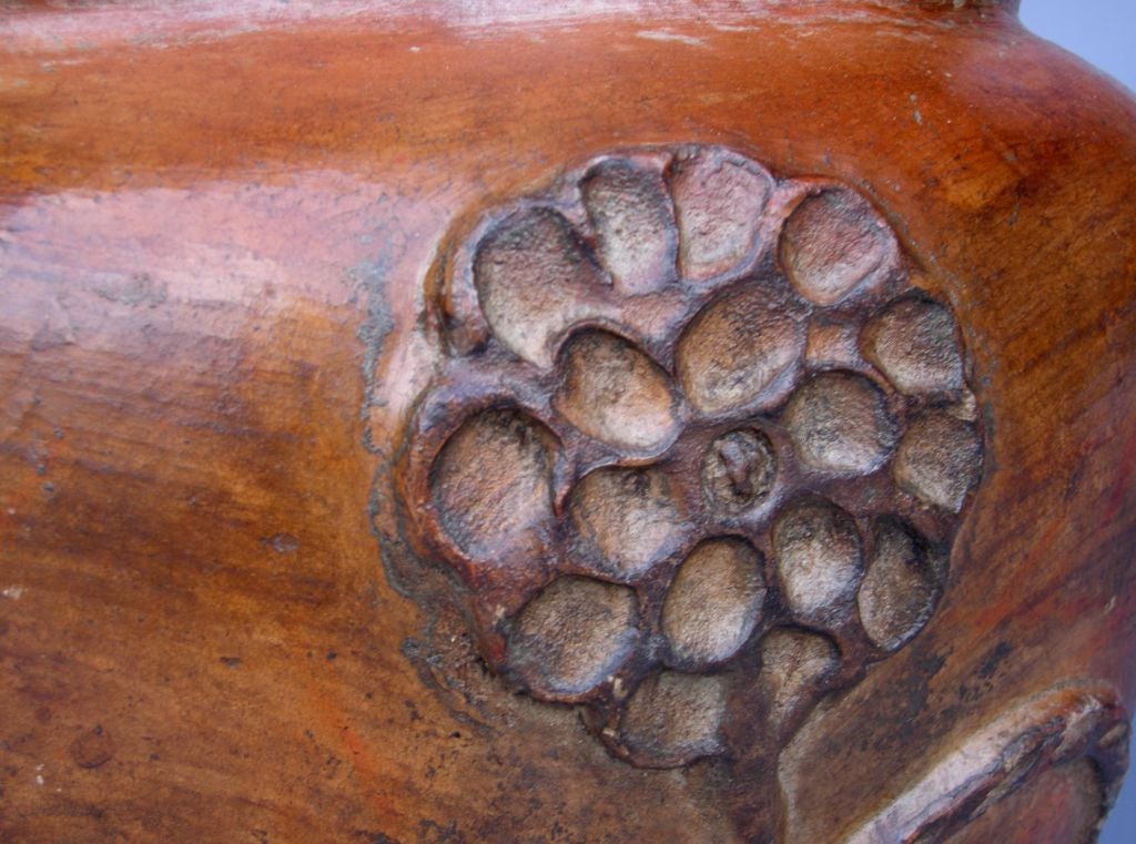 Guatemalan Antique Terra Cotta Ceramic Urn With Applied Flower Motif