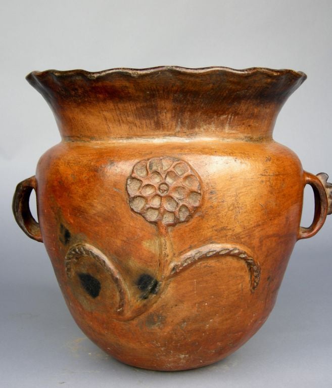 Terracotta Antique Terra Cotta Ceramic Urn With Applied Flower Motif