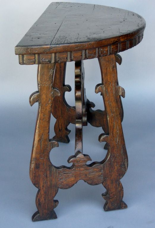 Spanish Colonial Custom Wood Demi Lune Table With Lyre Leg Base And Dental Molding by Dos Gallos For Sale