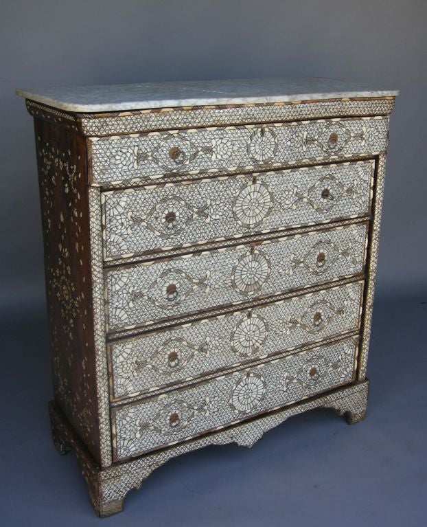 Early 20th c mother of pearl and bone inlay chest of drawers with marble top