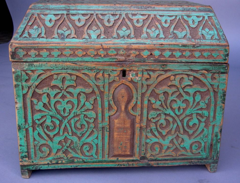 Antique green carved wooden chest. Great patina. Works as a side table
