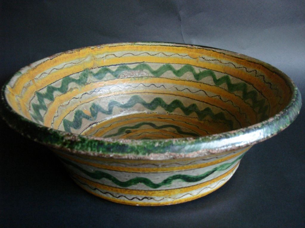 Rare Large Antigua Majolica ceramic baptismal bowl in glazed terracotta.