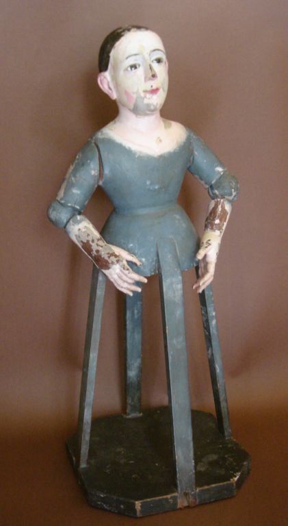 19th c. articulated virgin, stationary bottom and moveable arms. Meant to wear clothes. Beautiful, fine facial features. Original paint. One broken finger. Beautiful.