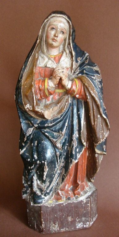 Finely carved 18th c. polychrome wood Dolorosa - Lady of the Sorrows. Totally original with glass eyes. Worn areas. Excellent example of Spanish colonial sculpture.