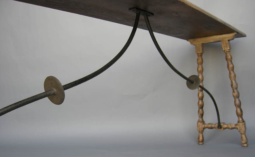 American Colonial Dos Gallos Custom Skinny Wood Bobbin Leg Console with Iron Support For Sale