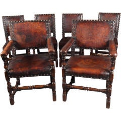 Set of Six English Oak and Leather Chairs