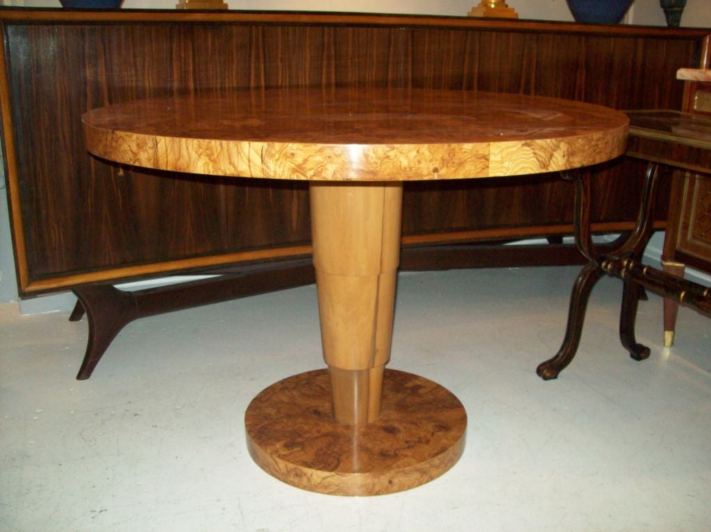 An Art Deco Style Burl Walnut Table W. Cylindrical Base