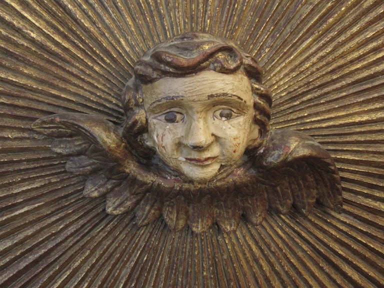 Italian Carved and Gilded Painted Sunburst with Angel Figure