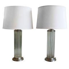 Pair of French Deco Crystal and Nickeled Brass Lamps
