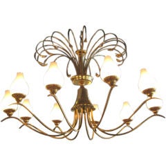 Large 10-arm Italian Brass and Frosted Glass Chandelier