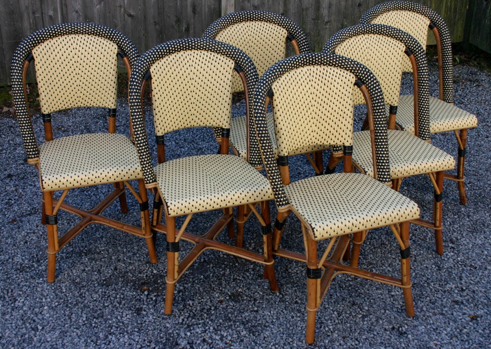 Set of six classic Druker cafe chairs made in France, probably made by Poitoux, trim is black off-white