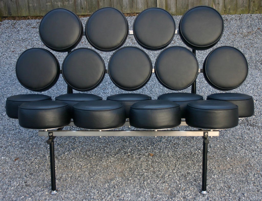 Black leather, steel and aluminum marshmallow sofa designed in 1956 by George Nelson.