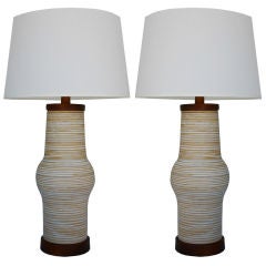 Pair Striped Ceramic Lamps