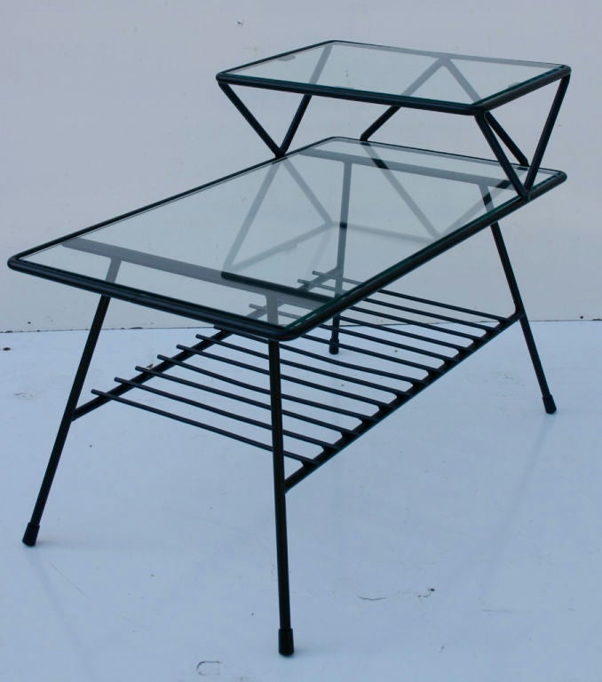 Graphic pair 1950's iron two-tier endtables with bottom shelf. New glass tops.