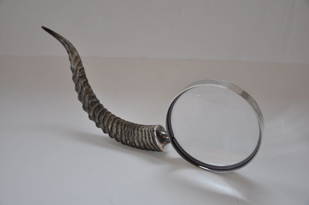 Magnifying glass in horn and silver plate by Hermes, Paris. Exceptional form. Stamped
