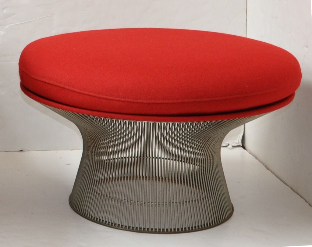 Ottoman in nickel finish with red Knoll fabric, by Warren Platner, Knoll International.
