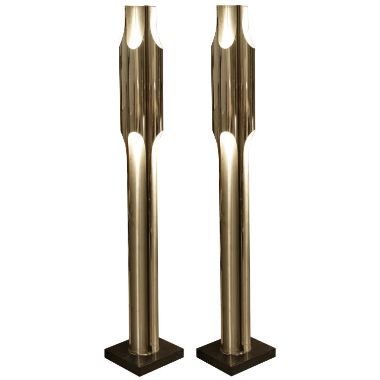 Pair of Orgues Floor Lamps in Polished Steel by Charles & Fils