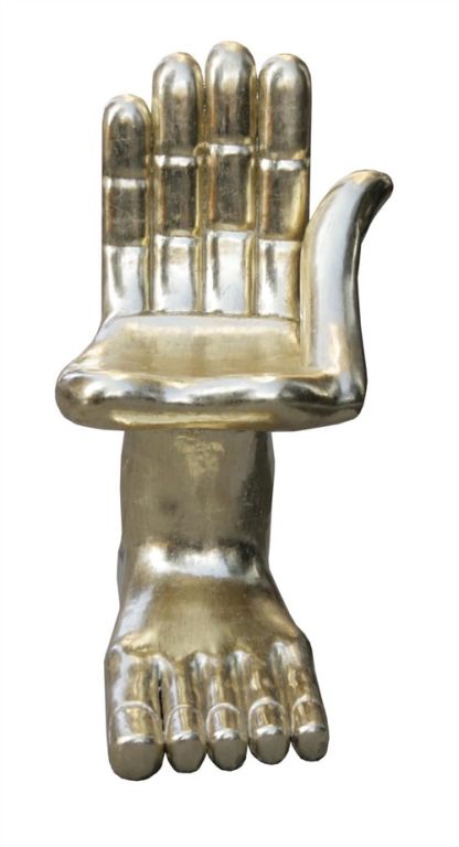 Gilt Hand Foot Chair Sculpture by Pedro Friedeberg Mexico Classic hand chair by Friedeberg on an anatomical foot base. Gold leaf finish, signed with burned in mark, “Pedro Friedeberg” Also have version in silver-leaf. Excellent original condition