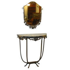 An Art Deco Wrought Iron Console and Mirror, After E. Brandt