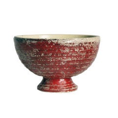 Candy Apple Red Glaze Ribbed Compote by Raymor