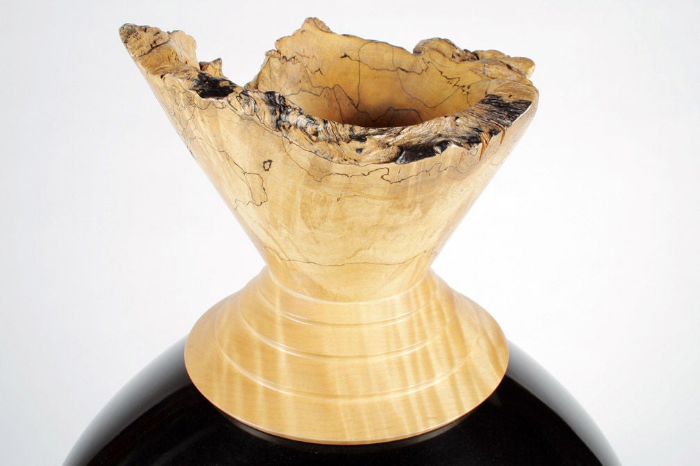 American Spalted Maple and Black Lacquered Wood Vase by Johannes Michelsen In Excellent Condition For Sale In New York, NY