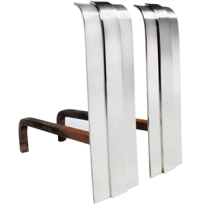 Bold Chromed Steel Art Deco Inspired Andirons by Karl Springer