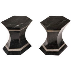 Pair of Black Fossil Stone Veneered Pedestal Tables by Marcius