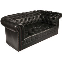 Retro English Chesterfield Leather Loveseat Sofa