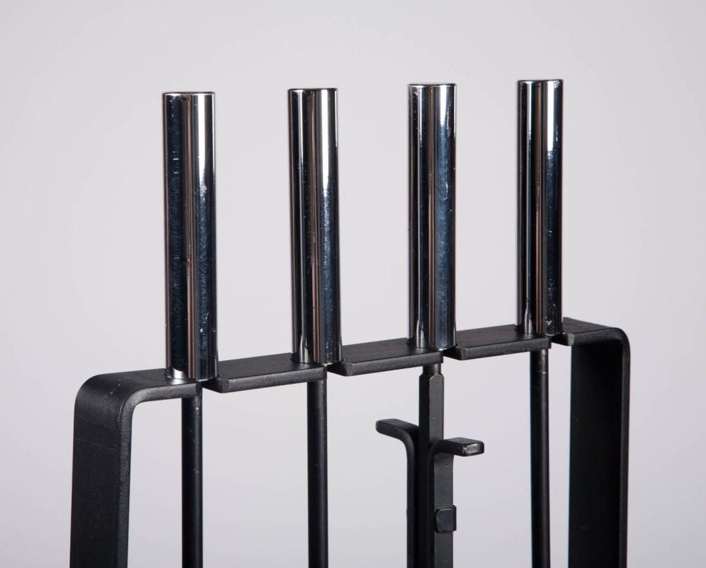Set of Modernist Wrought Iron and Nickel Fireplace Tools In Excellent Condition In New York, NY