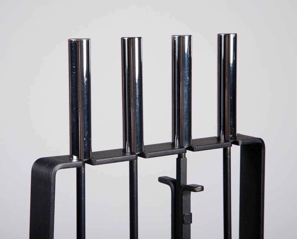 Set of Modernist Wrought Iron and Nickel Fireplace Tools at 1stDibs