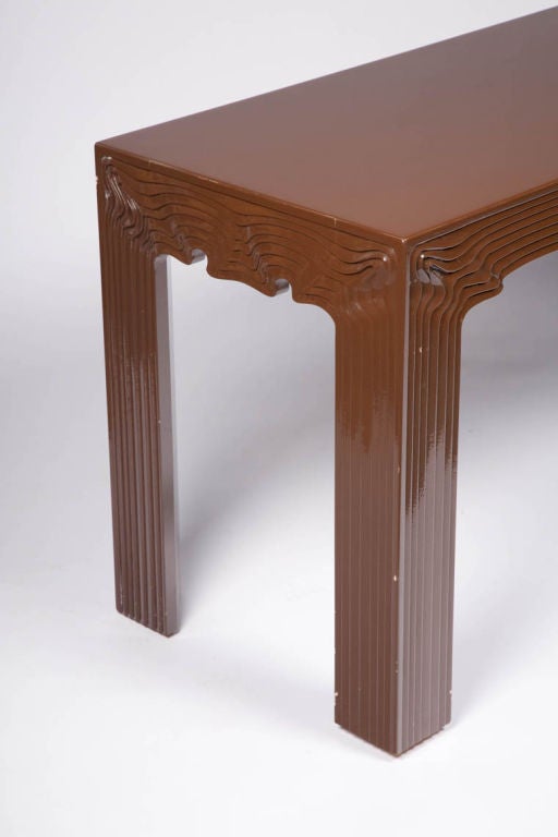 American Chocolate Brown Lacquered Drapery Console after Frances Elkins