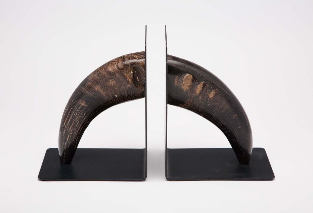 A pair of bookends comprising black enameled metal L-shaped supports accented with cow horn tips, which provides a minimalist yet chic profile.  By Carl Auböck. Austrian, circa 1950.