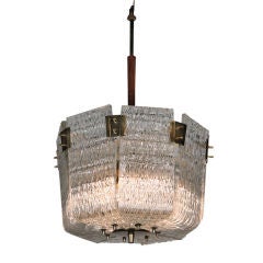 8 Paneled Hand-blown Glass and Rosewood Chandelier by Orrefors