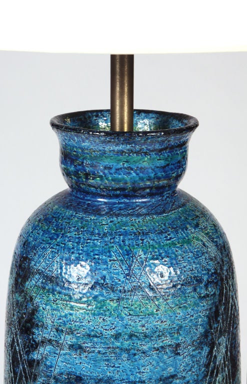 Mid-Century Modern Tall Rimini Blue Pottery Bottle Table Lamp by Bitossi for Raymor