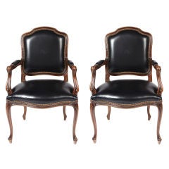 Pair of Black Leatherette and Walnut Fauteuils by Chateau d’Ax