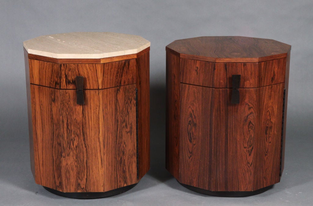 Mid-Century Modern American Travertine and Rosewood Decagon Cabinets by Harvey Probber For Sale
