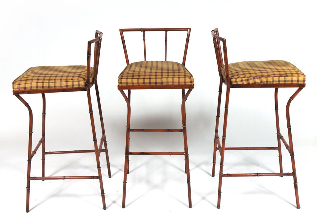 Set of Three Faux Bamboo Brick Red Bar Stools by Salterini