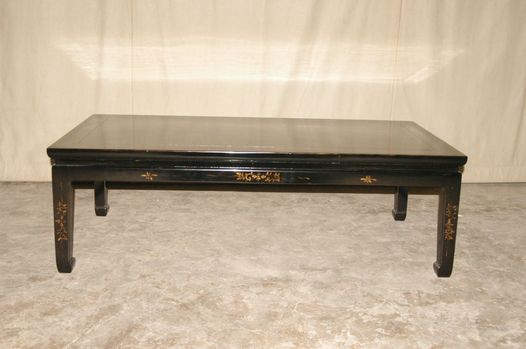Black Lacquer Low Table With Gold Gilt Landscape Motif