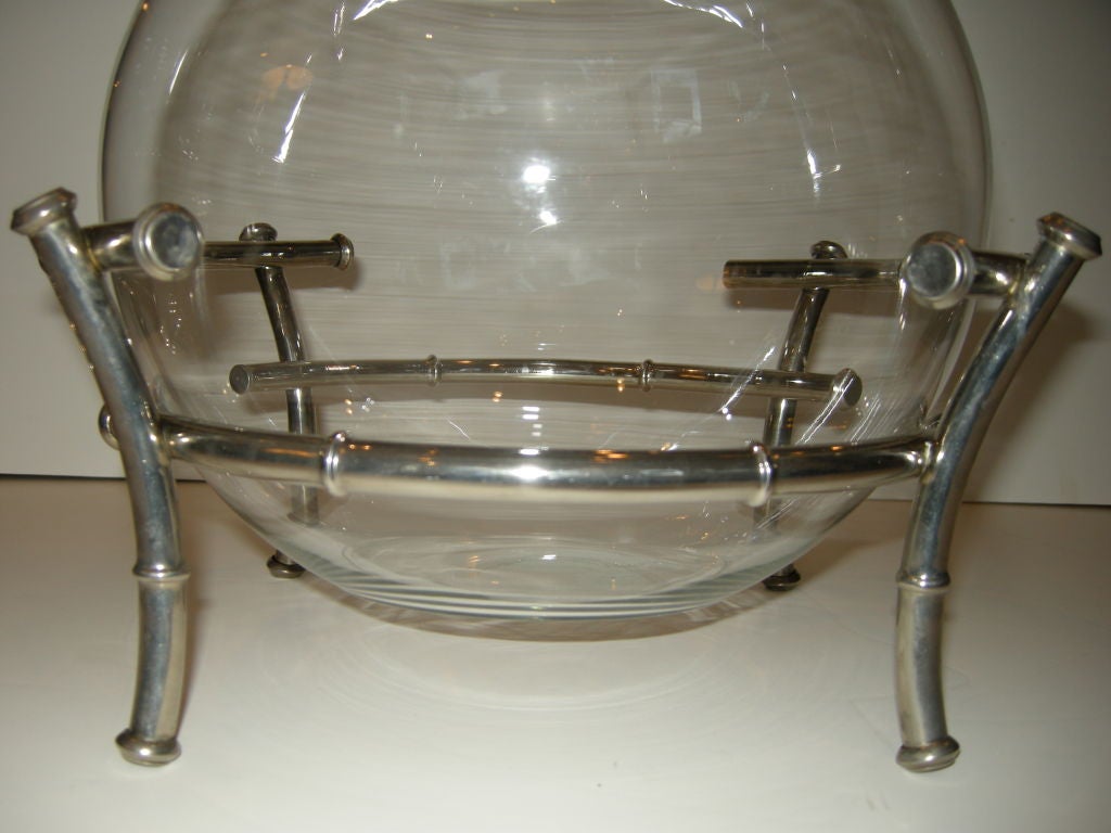 Large punch  bowl on chrome stand, in a bamboo design.Original ladle,look at other images.Bowl removes as neded.