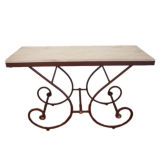 Scrolled Iron & Travertine Stone Top Console Table