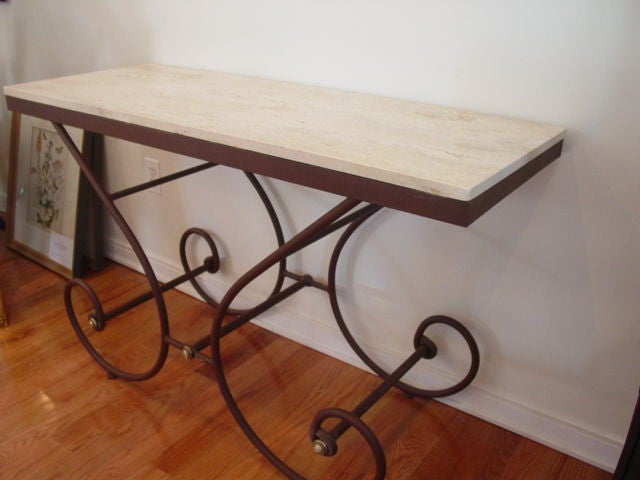 Scrolled Iron & Travertine Stone Top Console Table