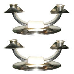 Pair, Art Deco, Ivory & Silverplated Candle Holders