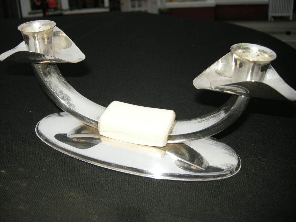 Pair, Art Deco, Ivory & Silverplated Candle Holders