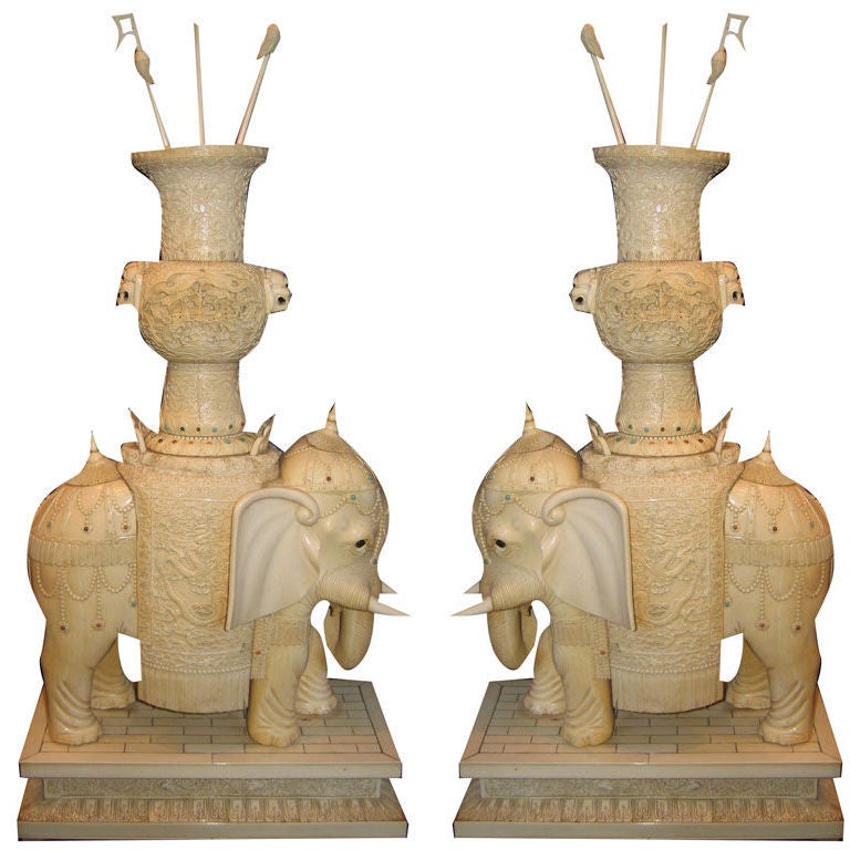 Pair, of Monumental  Chinese Hand Carved Ivory Elephants