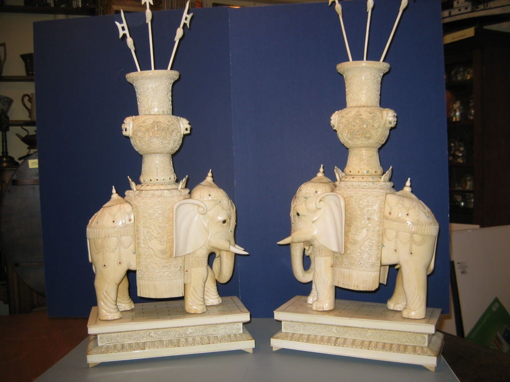 Pair, of Monumental  Chinese Hand Carved Ivory Elephants 5