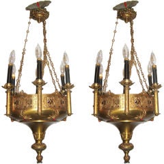 Matched Pair, Moroccan Influenced Brass 6 Arm Chandeliers.