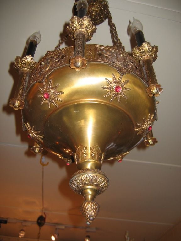 Matched Pair, Moroccan Influenced Brass 6 Arm Chandeliers.