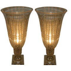 Vintage Magnificent Pair of French Cut Crystal Hurricane Lamps