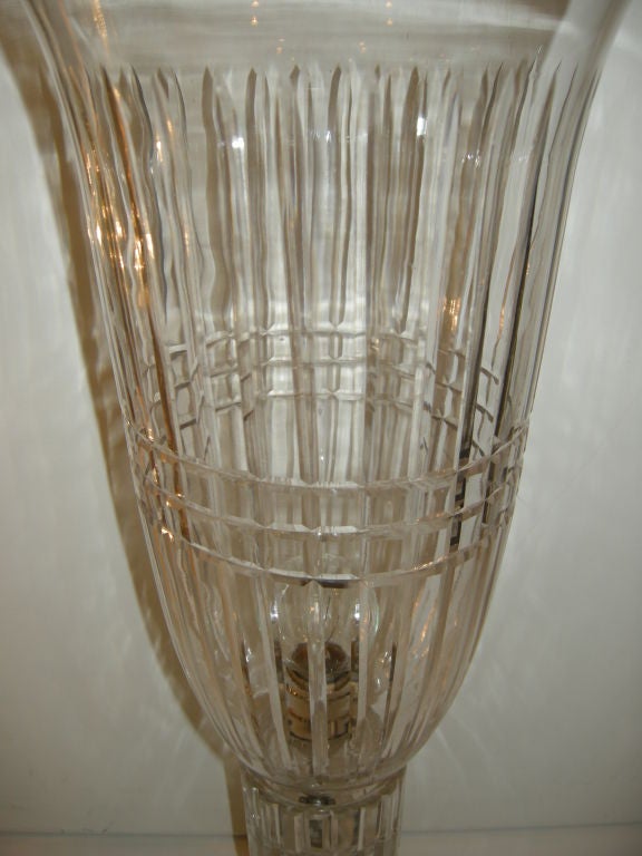 Magnificent Pair of French Cut Crystal Hurricane Lamps
